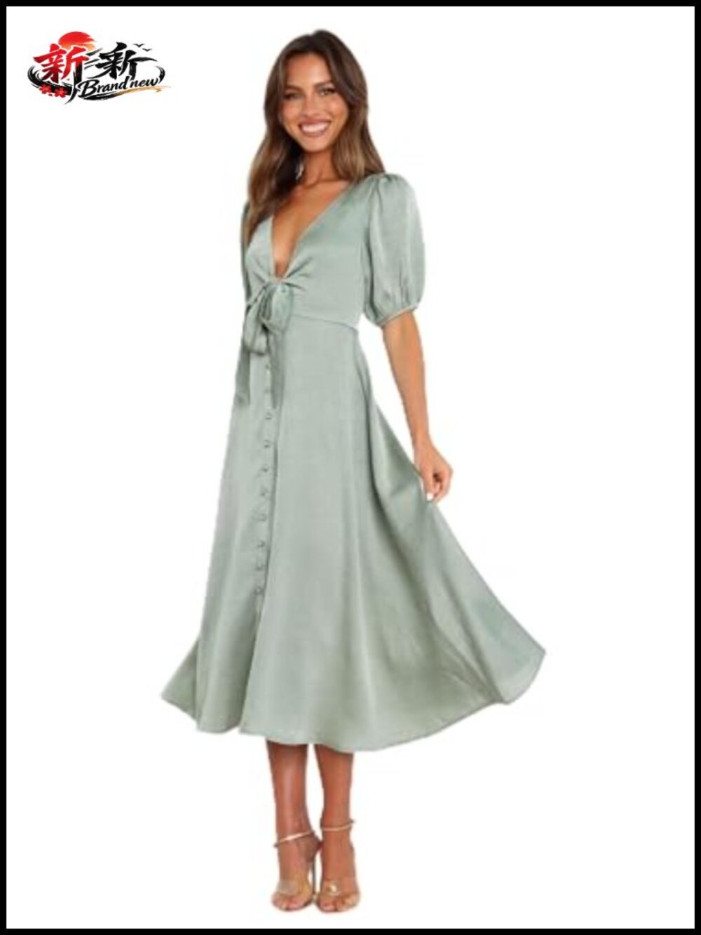 Sage Maxi Dress Sweetheart Neck A-Line Tea Dress Short Sleeve Tie Back
